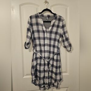 THREE STONES Womens Plaid Button Up Semi Sheer Dress SZ S